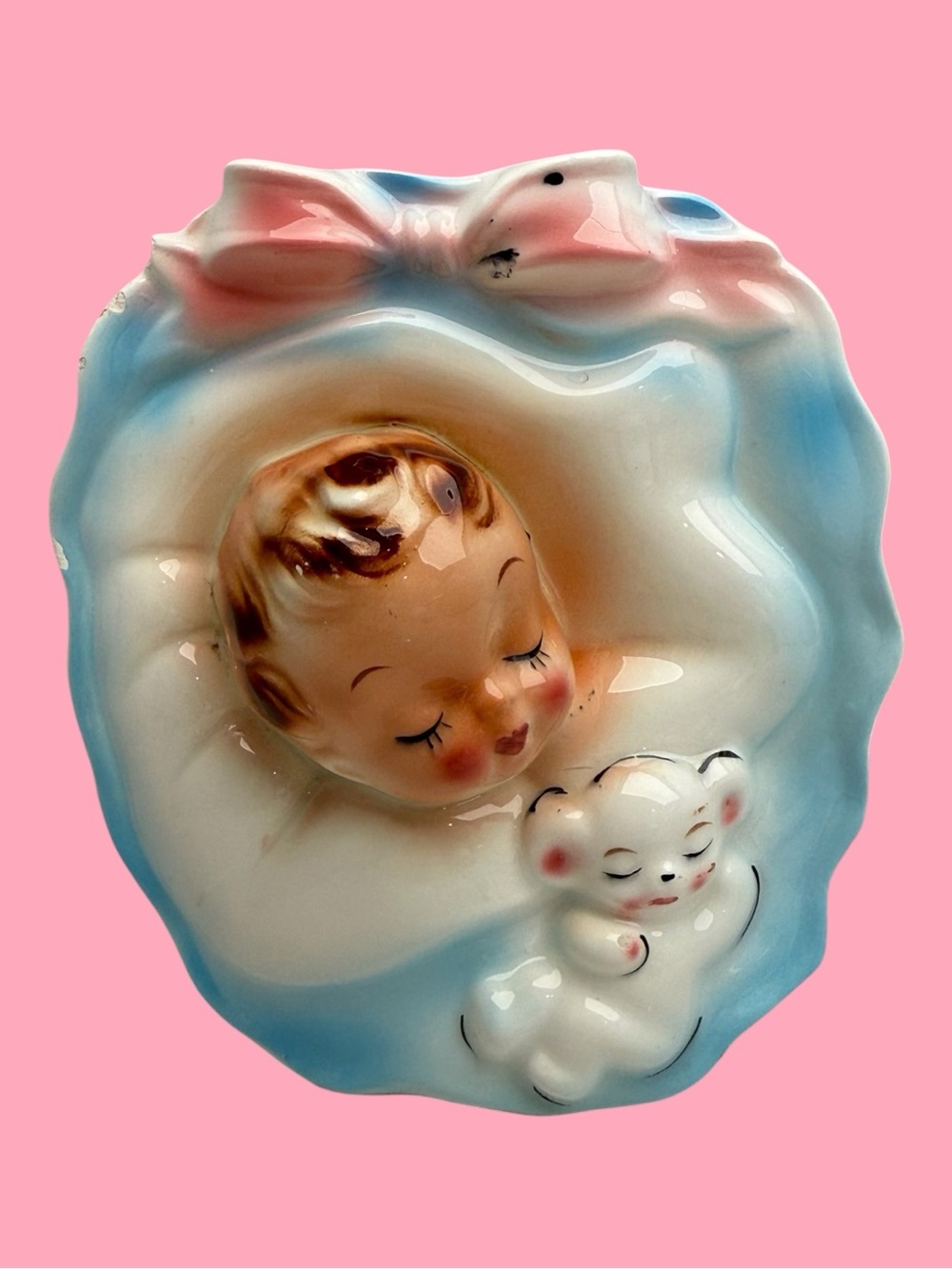 Vintage Sleeping Baby Ceramic Wall Pocket Planter Teddy Bear Nursery 1950s 1960s